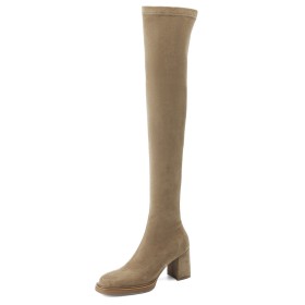 Fur Lined Suede Vintage Comfort Chunky Heel Round Toe Thigh High Boot For Women Block Heels Mid Heels Sock Boots Tan Casual Tall Boots
