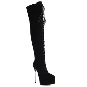 Stiletto Over Knee Boots Pointed Toe Classic 16 cm High Heeled Platform Tall Boot Faux Leather