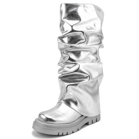 Kniehohe Metallic Lack Flache Bequeme Slouch Lederimitat Silber Winter Damenstiefel Plateau Boots