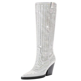 Moda Con Tacchi Alto Scarpe Da Cerimonia Argento Tacco Largo A Punta Stivali Alti Con Strass