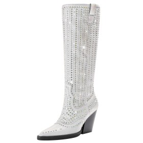Rhinestones 3 inch High Heel Tall Boots Sparkly Fashion Block Heels Silver Thick Heel Knee High Boots For Women