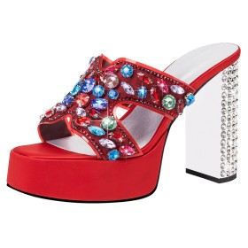 Gioiello Paillettes Tacco Largo Scarpe Cerimonia Con Tacco Alto Raso Scarpe Da Sera Con Strass Plateau Sandali Moda Sabot