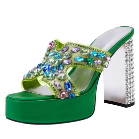 Sandaaltjes 11 cm Highheel Met Blokhak Strass Glitter Mode Sparkle Groen Satijnen Plateau Gala Muiltje