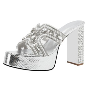 Argenté Chaussure De Soirée Avec Strass Plateforme Mules Sandale Talon Haut 11 cm Talon Epais Paillette Talons Carrés Cristal