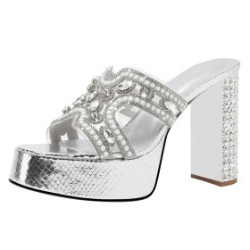Sparkly Block Heels Platform Mules Open Toe Chunky Dressy Shoes Party Shoes Sequin Stylish Sandals 11 cm High Heel Silver
