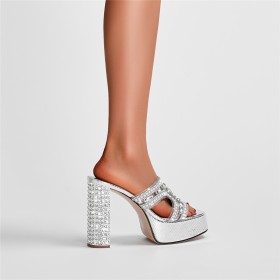 Peeptoe 11 cm High Heel Mode Glitter Met Steentjes Zomer Plateauzool Sandalette Muiltjes Met Blokhak