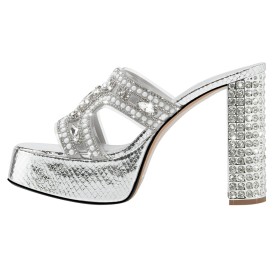 Peeptoe 11 cm High Heel Mode Glitter Met Steentjes Zomer Plateauzool Sandalette Muiltjes Met Blokhak