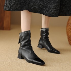 Herbst Mit Blockabsatz Comfort Elegante Mit 3 cm Niedriger Absatz Gefütterte Leder Ankle Boots