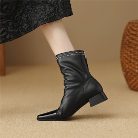 Low Heels Going Out Footwear Studded Leather Patent Comfort Booties For Women Chunky Block Heels