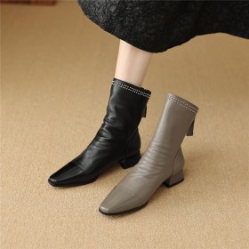 Low Heels Going Out Footwear Studded Leather Patent Comfort Booties For Women Chunky Block Heels