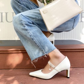 Blanche Chaussure Talons Epais Perlé Talon Mi Haut Cuir Business Casual Élégantes Ceremonie Escarpins