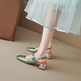 Business Casual Chinese Style With Ankle Strap 2 inch Low Heel Dressy Shoes Block Heels Satin Textured Leather