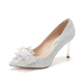 Silver Wedding Shoes Dancing Pointed Toe Prom Shoes Pumps 3 inch High Heeled Gorgeous With Bow Flower Sparkly Sequin
