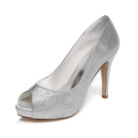 Naaldhakken Satijnen Pumps Sparkle 10 cm Highheel Dames Schoenen Zilveren Feest