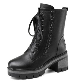 Plateforme Fourrees Bottine Femme Talon 6 cm Hiver Clouté Noir Fermeture Éclair Lacets Talon Carré