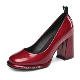 Schuhe Damen Mit 8 cm Hohe Absatz Burgundy Stöckelschuhe Mode Leder Blockabsatz
