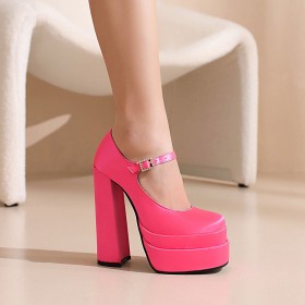 Plateauzool Mode Pumps Roze Met Enkelbandje Gesp Satijnen Highheel Schoen