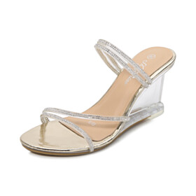 Sandals Clear 3 inch High Heel Strappy Gold Fashion Sexy Peep Toe Wedge
