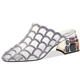 Comfort Moderne 5 cm Niedriger Absatz Abendschuhe Kristall Festliche Schuhe Sommer Silber Mules Sandalen Blockabsatz Elegante
