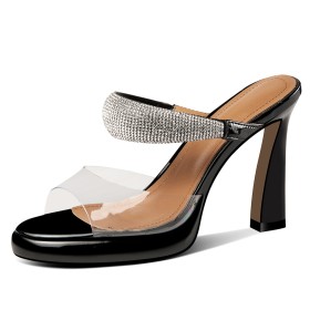 Kunststoff Mit Strasssteine Mules Transparente Elegante High Heel Stiletto Sandalen Peeptoe Schöne Schwarze