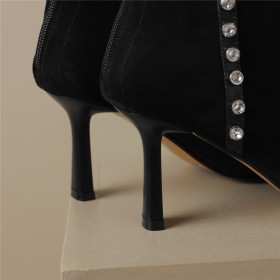 Mode Gevoerde Suède Middelhoge Heels Stilettos Laarsjes 2023 Elegante Steentjes