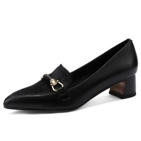 Low Heels Block Heels Elegant Loafers Comfort Leather Thick Heel Pointed Toe With Metal Jewelry Chain