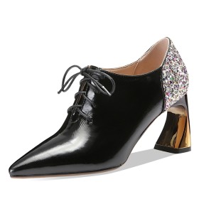 Black Sequin Oxford Shoes Business Casual Sculpted Heel Shooties Thick Heel 8 cm High Heel