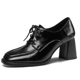 Block Heels Business Casual Dress Shoes Closed Toe Leather Oxford Shoes Lace Up Patent Leather Chunky Mid High Heeled