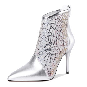 Ankle Boots Tulle Pointed Toe Silver With Rhinestones Metallic Sandal Boots 9 cm High Heel Summer Stiletto Beautiful Leather Sparkly Party Shoes Luxury
