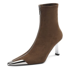 Winter Booties Elegant Pointed Toe Stiletto Suede Sock Fur Lined Mid Heels
