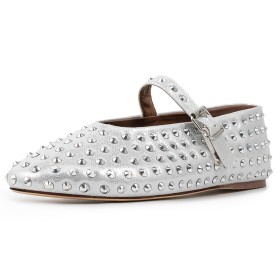 Comfortable Belt Buckle Silver Flats Shoes Metallic Studded Sparkly Faux Leather With Ankle Strap