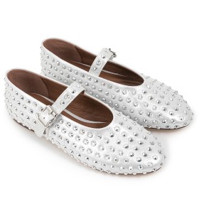 Comfortable Belt Buckle Silver Flats Shoes Metallic Studded Sparkly Faux Leather With Ankle Strap