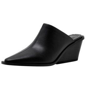 Sandals High Heel Wedge Classic Leather Mules Pointed Toe Black Comfort Chunky Heel Block Heel