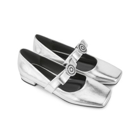 With Rhinestones Sparkly Comfort Shoes Silver Chunky Heel Metallic Block Heel 1 inch Low Heels With Ankle Strap
