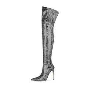 Overknee Boots Lak Hoge Laarzen Dames Going Out Grijze Imitatieleer Naaldhakken Highheel Slangenprint