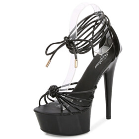 Womens Sandals Classic 6 inch High Heel Black Patent Ankle Tie Lace Up Strappy Stilettos Pole Dance Shoes Open Toe Sexy Platform