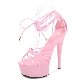 Hoge Hakken Sexy Touwtjes Peeptoe Sandalen Roze Paaldans Plateau Lak Klassiek