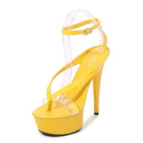 Yellow Classic Strappy With Ankle Strap Faux Leather Patent Sandals For Women Platform Open Toe Chunky Heel 6 inch High Heel