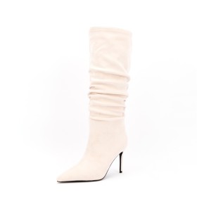 Suede Fur Lined 2022 High Heel Boots Beige Natural Leather Slouch Pointed Toe Classic Business Casual