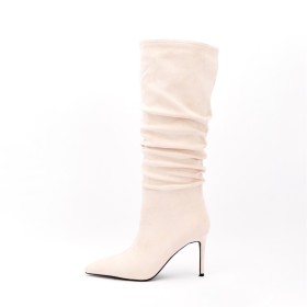 Suede Fur Lined 2022 High Heel Boots Beige Natural Leather Slouch Pointed Toe Classic Business Casual