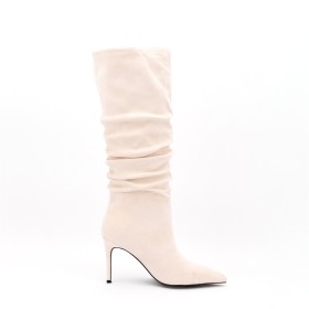 Suede Fur Lined 2022 High Heel Boots Beige Natural Leather Slouch Pointed Toe Classic Business Casual