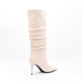 Suede Fur Lined 2022 High Heel Boots Beige Natural Leather Slouch Pointed Toe Classic Business Casual