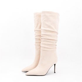 Suede Fur Lined 2022 High Heel Boots Beige Natural Leather Slouch Pointed Toe Classic Business Casual