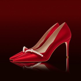 Elegant Red Pumps Bridal Shoes 3 inch High Heel Formal Dress Shoes Pearls Satin Closed Toe Stilettos