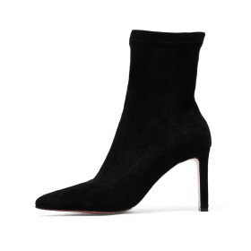 Geschlossene Zehe Ankle Boots Socken High Heel Stiletto Schwarz Klassisch Wildleder