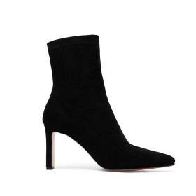 Winter Naaldhakken Gevoerde Zwarte Suede Sock Boots Hoge Hakken Leer Enkellaars Dames