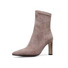 Suede Sock Taupe Ankle Boots 8 cm High Heels Pointed Toe Stiletto Slip On Classic