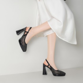 Gesp Blok Hak Met Steentjes Visnet Highheel Pumps Formele Gesloten Neus Lak