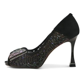 Nero Eleganti Spuntate Con Strass Scarpe Da Sera Decolte In Tulle Scamosciate 9 cm Tacco Alto Con Fiocco