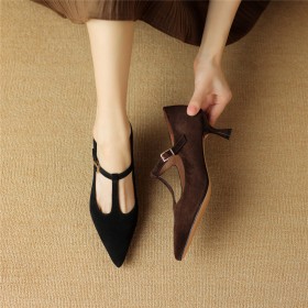 Mid Heel Stiletto Suede Going Out Shoes Pointed Toe Leather Pumps Belt Buckle Vintage Classic